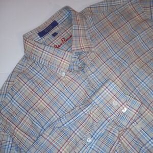 Alan Flusser Sz Large Button Down Shirt Men's Long Sleeve Plaid Colorful Tan